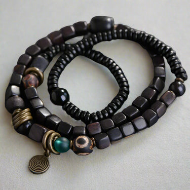 Ethnic Tibetan Coconut,Ebony Wood & Smoky Citrine DETOXIFYING Dual Layer Bracelet